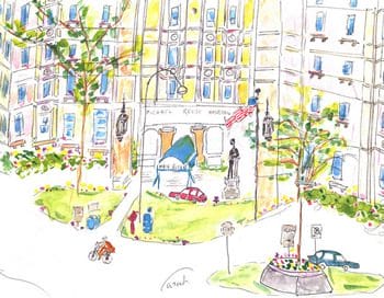 Watercolor of Michael Reese Hospital by George Farah, MD