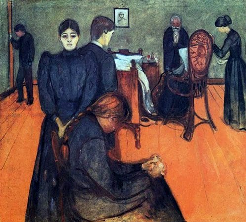 Sad and tired people dressed in black waiting in a bedroom