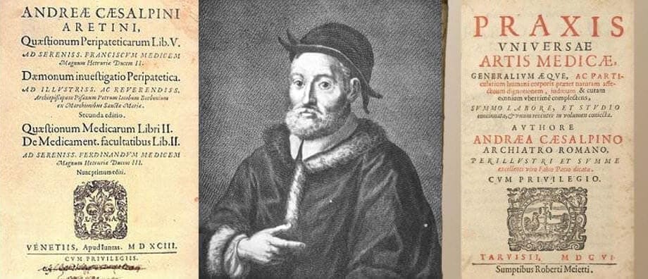 Portrait of Andrea Cesalpino flanked by his works