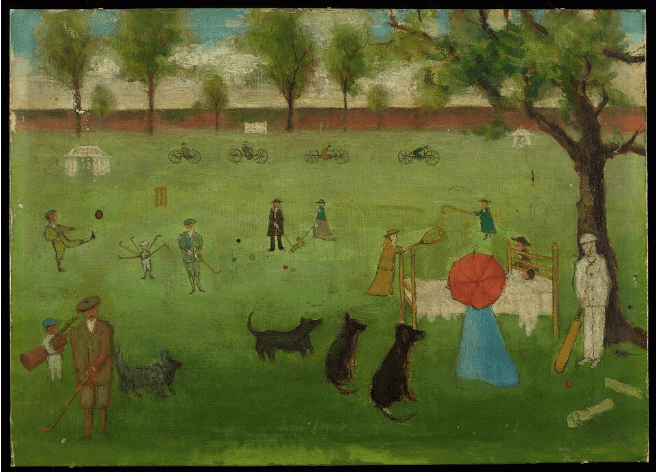 People doing a variety of activities on an open lawn, including kicking a ball, playing golf, and riding bikes. There is also a bed positioned under a tree.