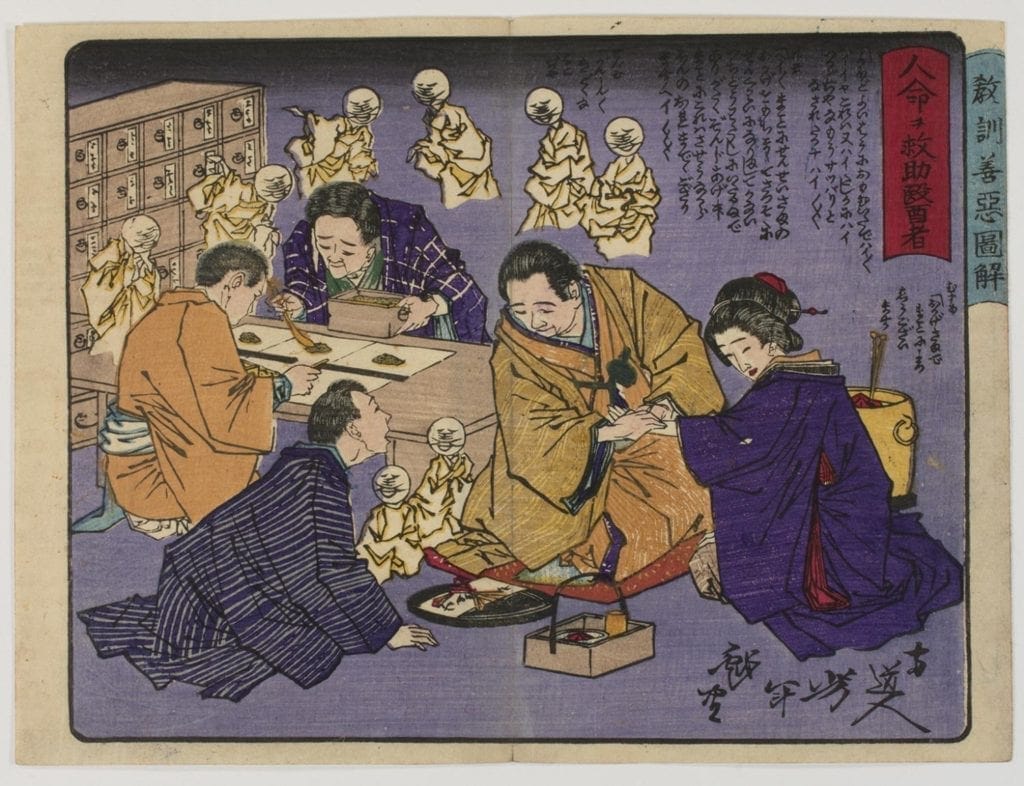 Illustration of a good doctor taking a woman's pulse