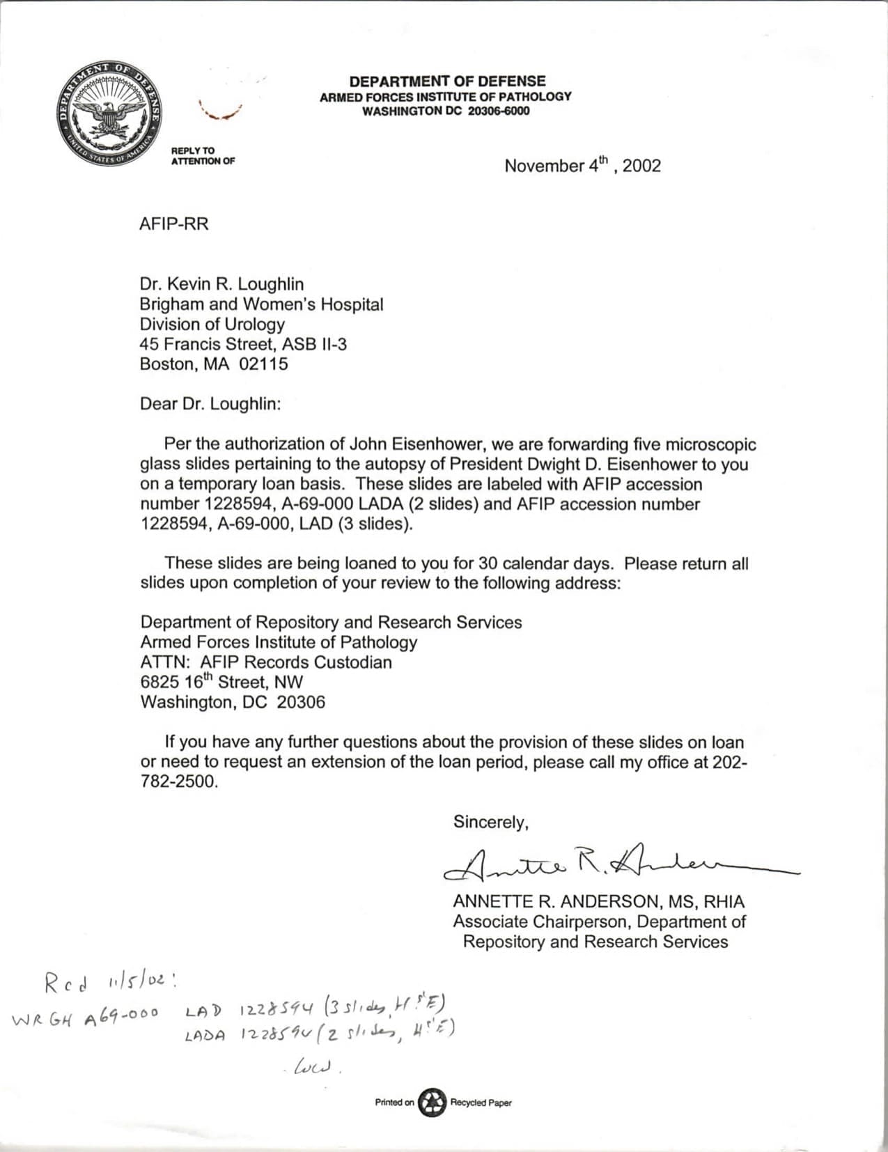 Letter from the Armed Forces Institute of Pathology to the author