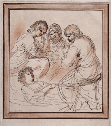 Three people contemplate the cadaver of Saint Petronilla, similar to the examination medical students perform