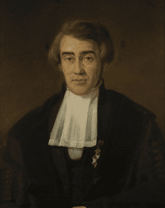 Portrait, facing viewer, of Izaak van Deen. Credited with discovering the use of the herb guaiac (also known as guaiacum) as a means of testing for blood..