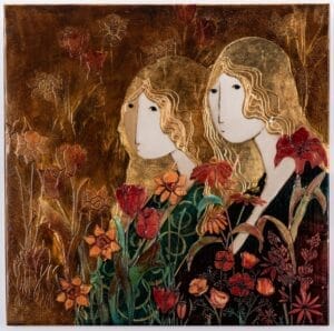 Women with red and orange flowers on a gold background