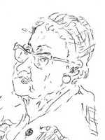 Alan Blum sketch of a woman at a three-quarters view in a hat resembling netting