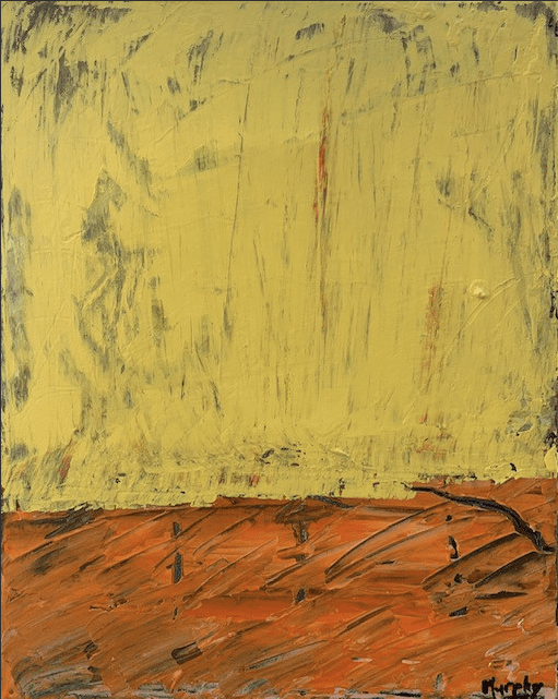 Abstract yellow with orange bottom with heavier black streaks throughout. Vertically oriented with Murphy signature in bottom right