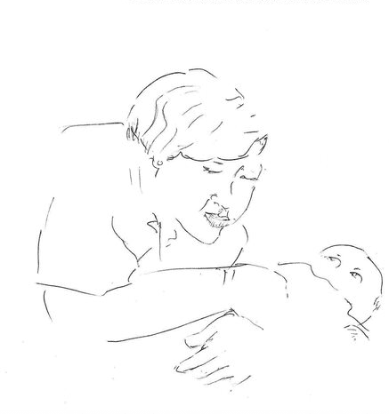 Woman bent over baby who is looking at her