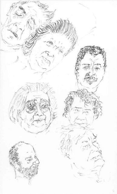 Morning rounds art: sketches of various heads of patients, including a sad older woman and a sleeping man. The latter's head is next to a woman with her hair pulled back, looking determined. Another sketch shows a man with facial hair, followed by a woman with curly hair and an older man with his head back as if on a pillow. A balding man with a beard is depicted in the bottom left.