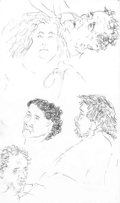 Morning rounds art: sketches of various heads of patients, including a haggard man with what appears to be a breathing tube, a larger woman looking up and to the left, a woman with curly dark hair, a man with messy hair and facial hair, and a side profile of a larger young man with shoulder length hair, a beard, and glasses.