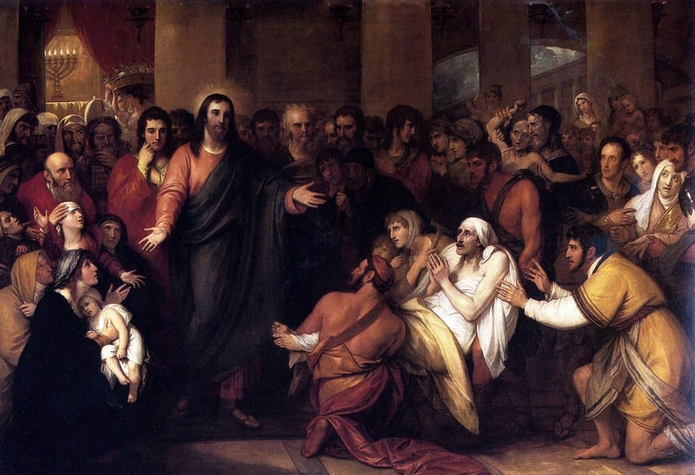 Christ with his hands out surrounded by the sick pleading to him for healing. A menorah is visible in the background. This is an oil painting by Benjamin West, who had Samuel Coates as a patron.