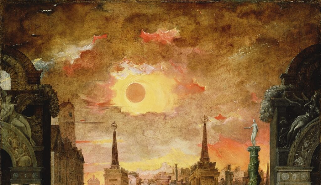 Oil painting including a reddened sun or eclipse against dusty clouds in warm colors, with tops of buildings and towers visible